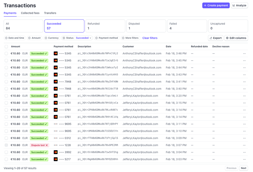 Screenshot showing fraudulent transactions from fake sellers on my Stripe dashboard