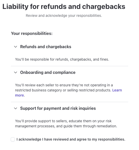Stripe Connect liability terms showing marketplace owner responsibilities
